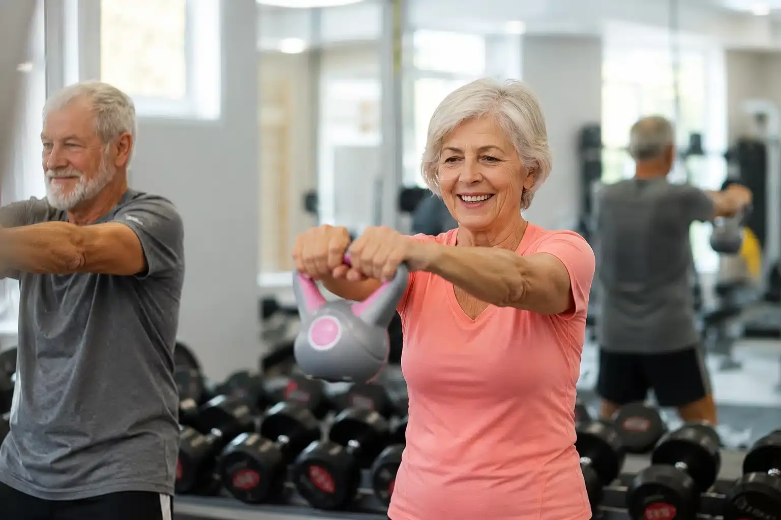 Casal de idosos treinando com kettlebell na academia