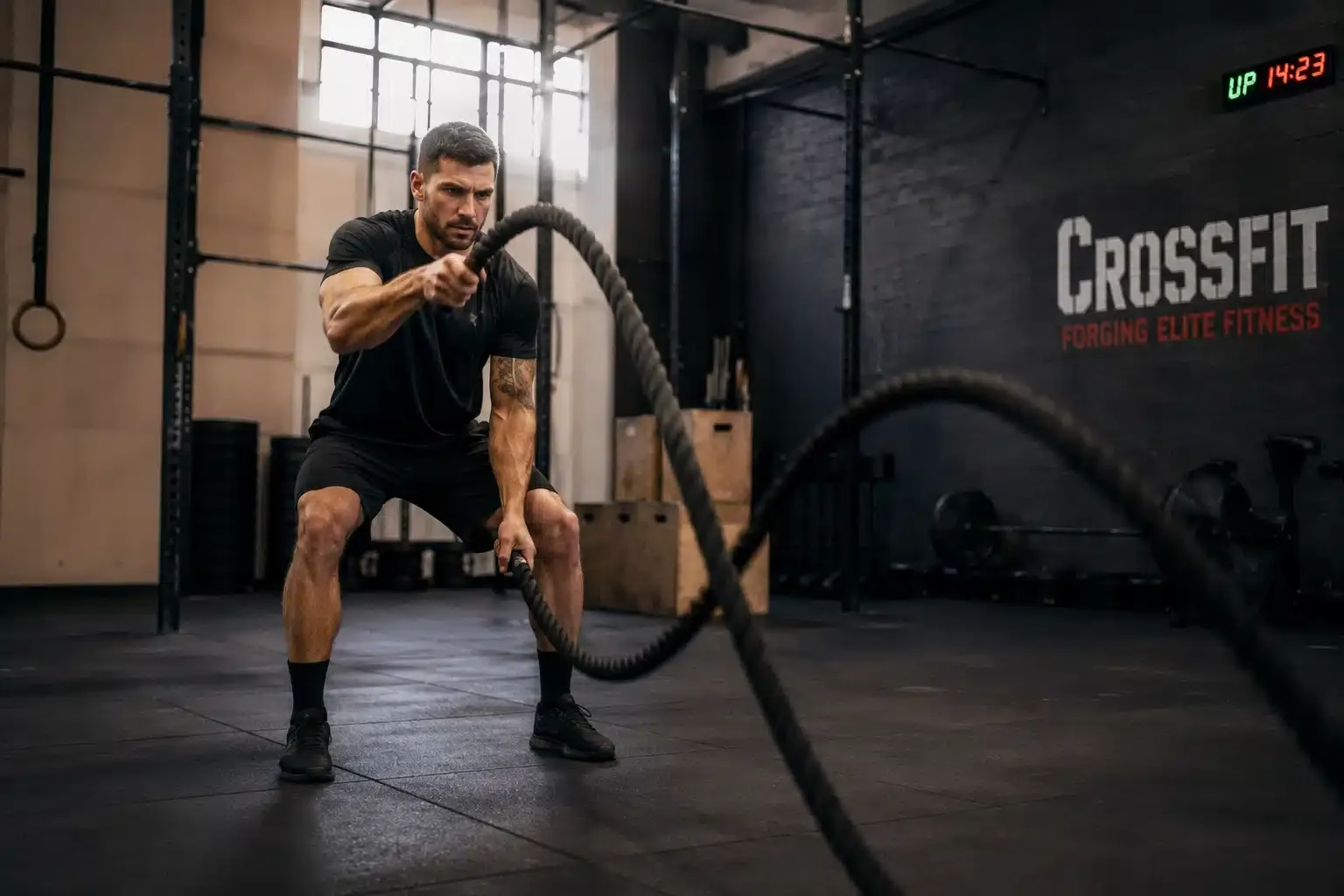 Atleta treinando com corda naval em box de crossfit